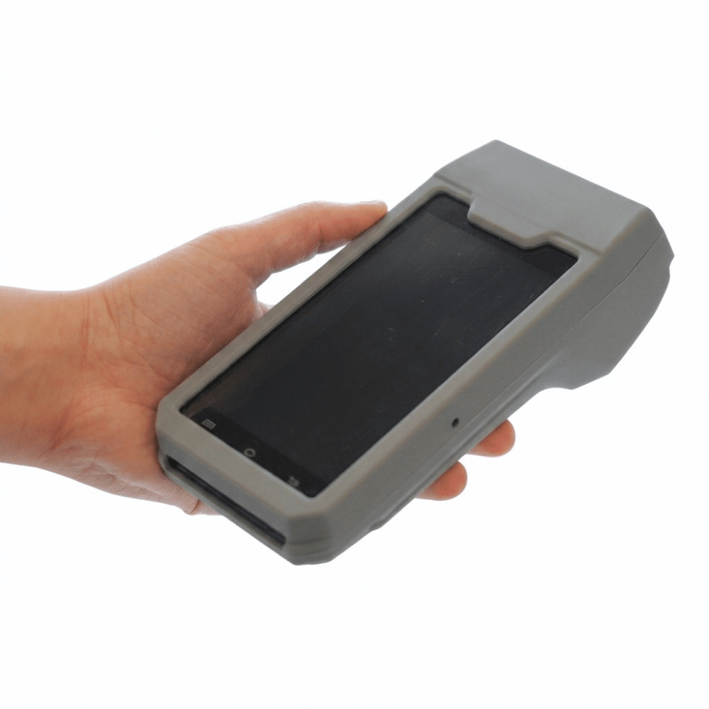 Hand holding Ingenico DX4000 in silicone case